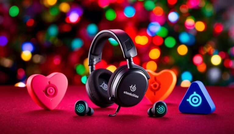 Black headphones, earbuds, and heart-shaped objects on a red surface, bokeh background