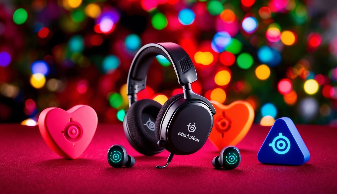 Black headphones, earbuds, and heart-shaped objects on a red surface, bokeh background