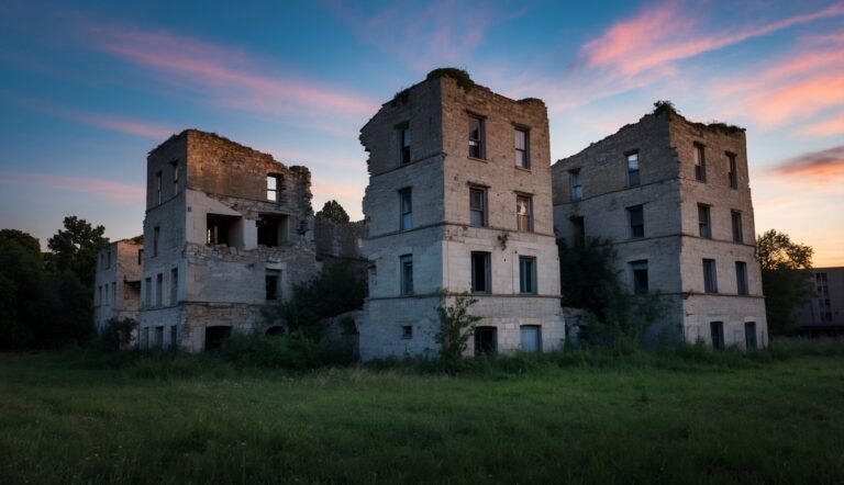 Ruined stone buildings in a field under a colorful sunset sky