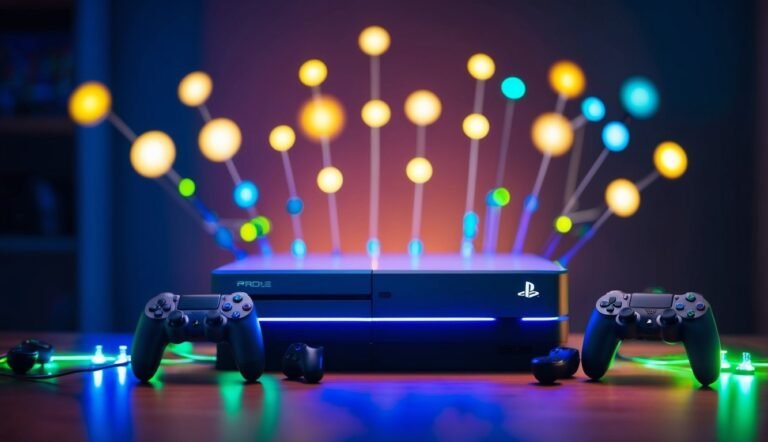 PlayStation console with controllers and glowing orbs, futuristic gaming setup
