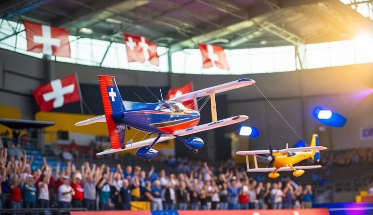 Two model airplanes flying indoors with Swiss flags and an audience