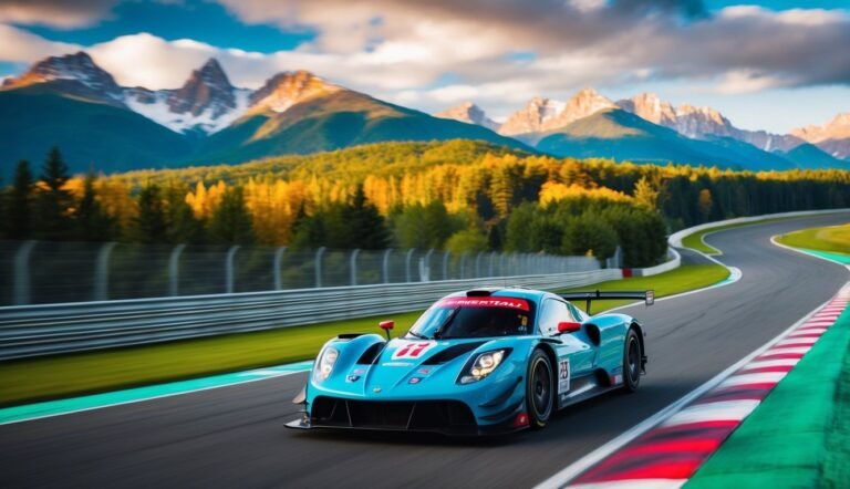 Blue race car on a track with mountains in the background