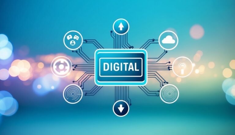 Digital concept with circuit board and various digital icons on blue background