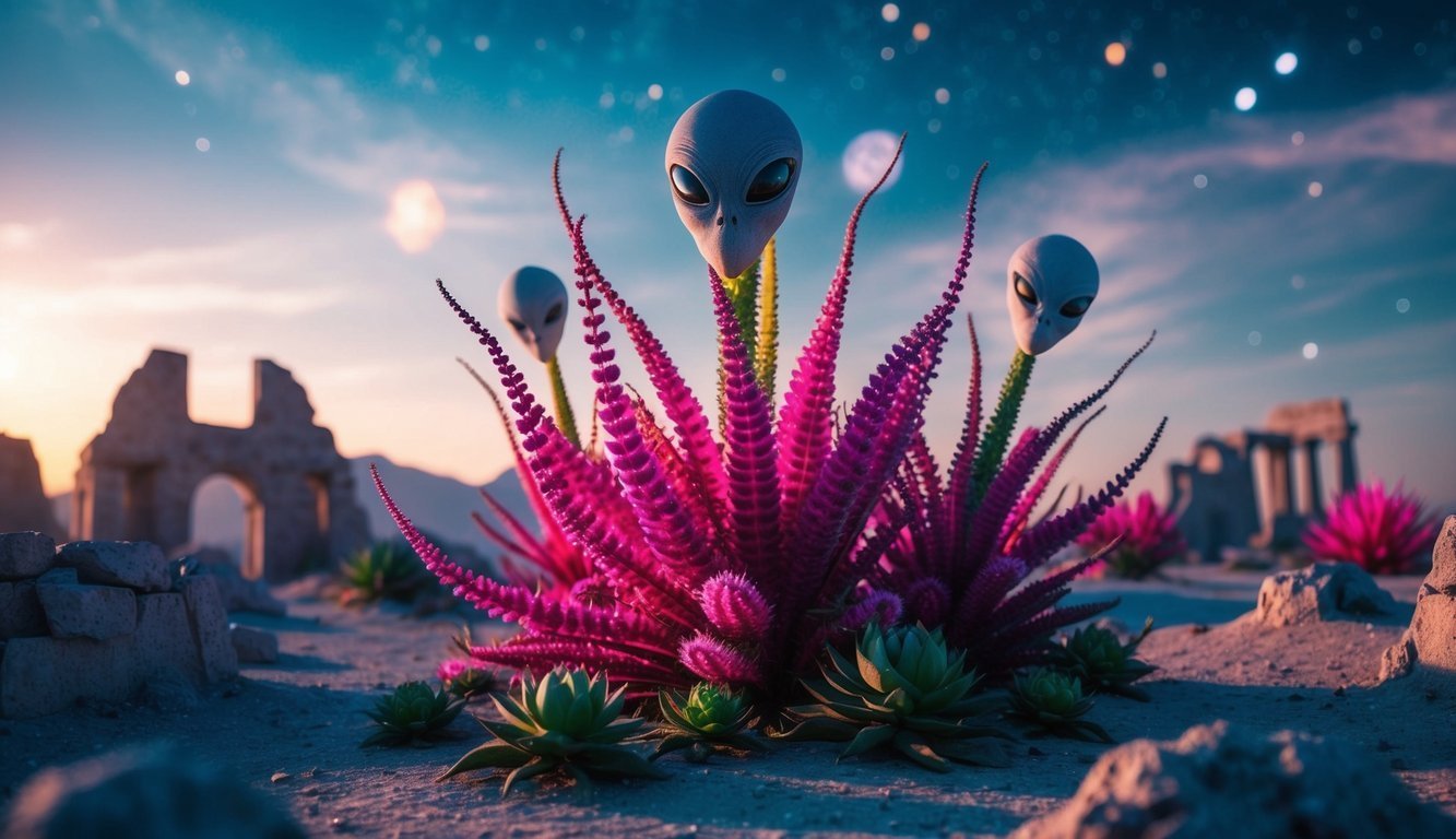 Alien heads sprout from vibrant pink plants on an alien planet