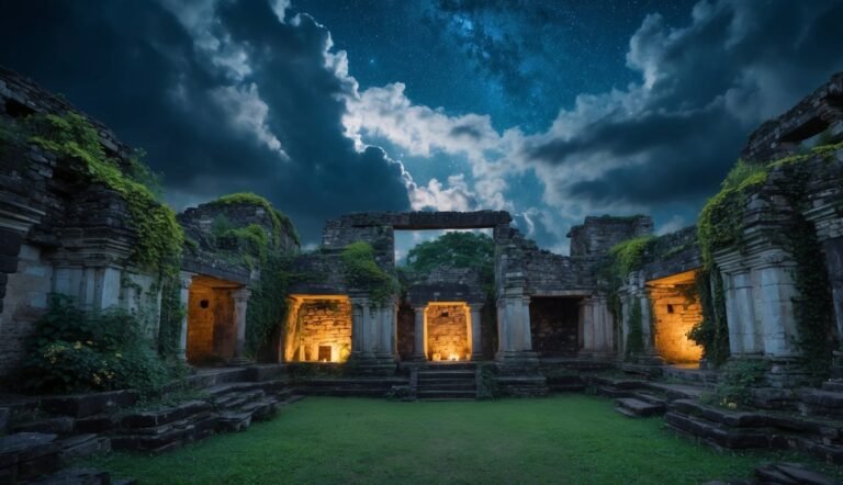 Ruined stone temple with glowing lights under a starry night sky