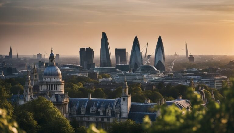 London skyline at sunset, featuring St. Paul's Cathedral and modern skyscrapers