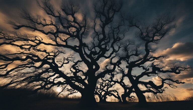 Silhouetted trees with bare, twisting branches against a dramatic, cloudy sky