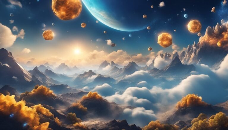 Planets and asteroids float above a mountain range with clouds