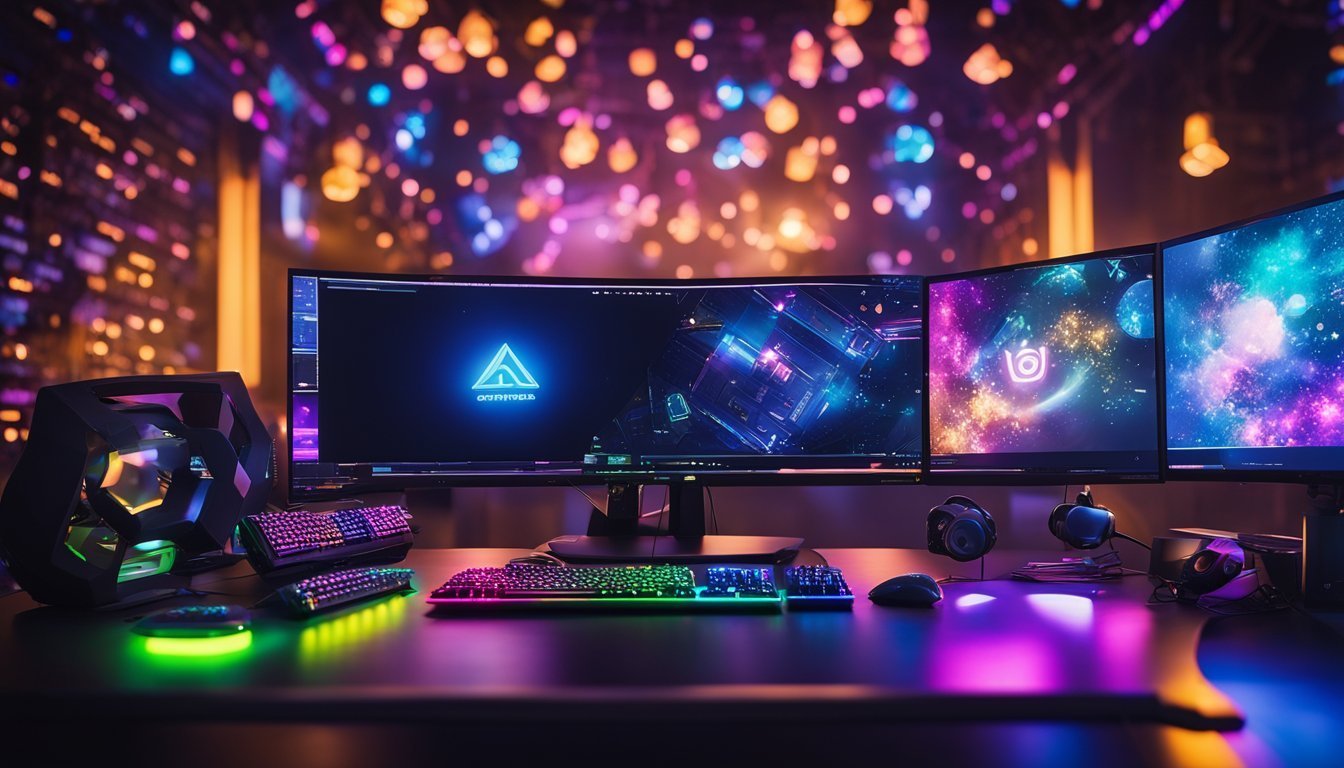 Gaming setup with three monitors, glowing keyboards, and a colorful background