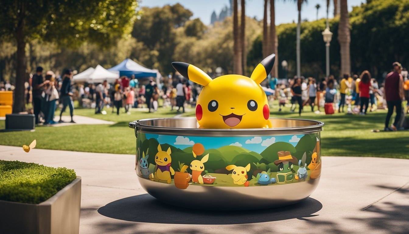Pikachu statue in a decorated bowl at an outdoor event with people