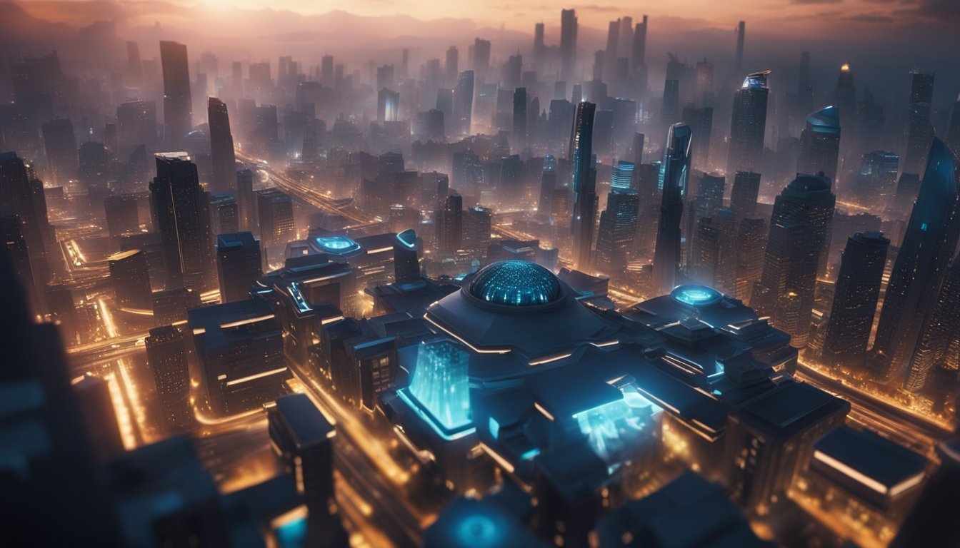 Futuristic cityscape with glowing lights and a domed structure in the foreground