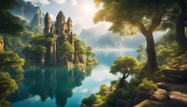Ancient castle on a lake surrounded by lush green trees and mountains