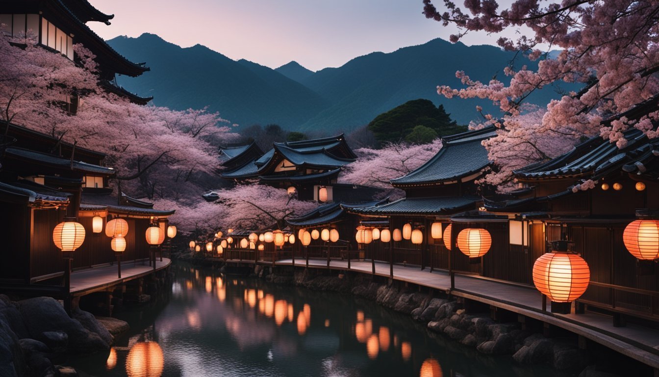 Japanese village with lanterns, cherry blossoms, and a river at dusk