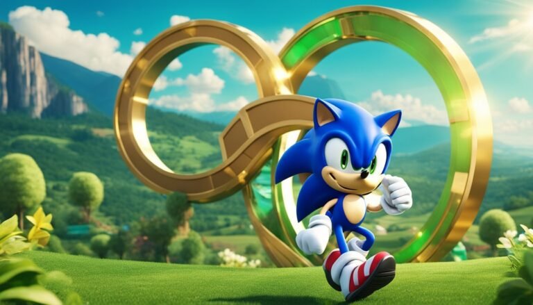 Sonic the Hedgehog running on green grass with golden rings in background