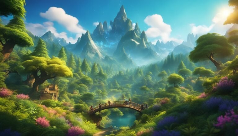 Scenic landscape with bridge, mountains, trees, and people