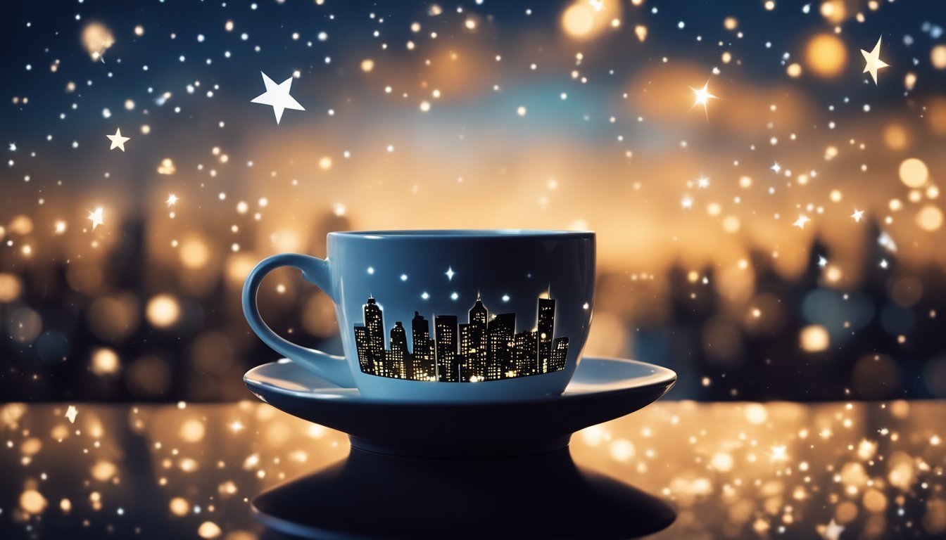 A coffee cup with a city skyline design against a starry night