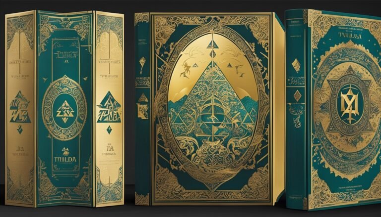 Three ornate books with teal and gold designs, symbols, and text