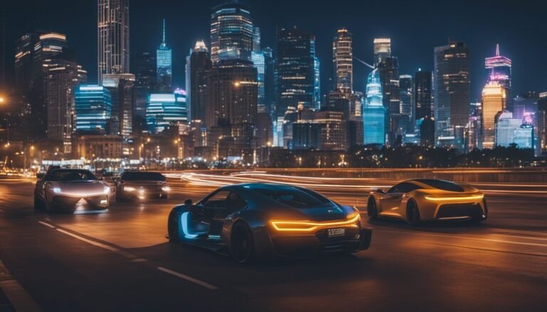 Sports cars driving on a highway at night with a city skyline