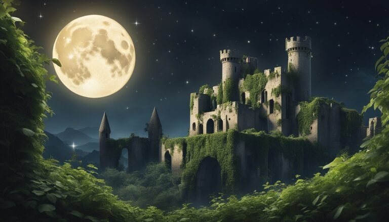 Moonlit castle overgrown with vines under a starry night sky