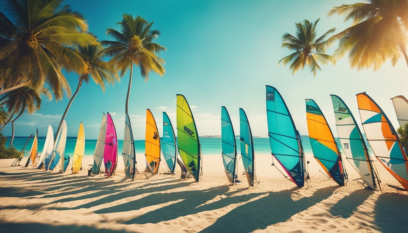 Colorful windsurfing sails lined up on a sandy beach with palm trees
