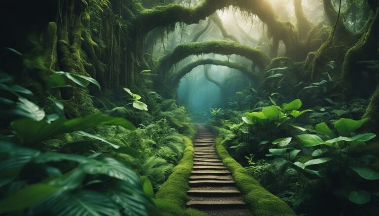 Stone path through a lush, mossy forest with arching, green trees