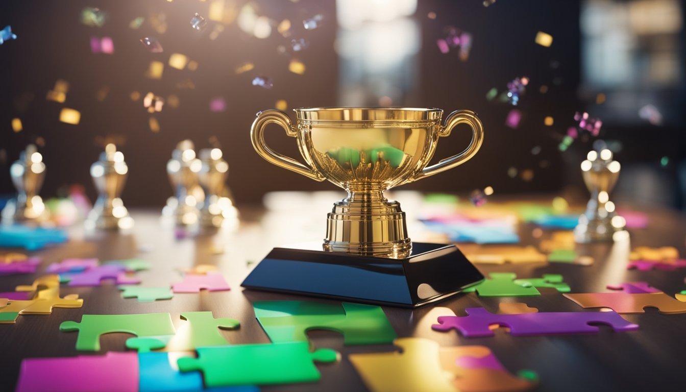 Golden trophy on a black base with puzzle pieces and confetti