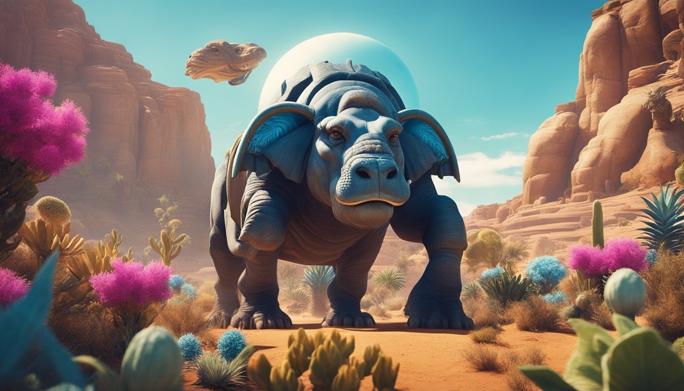 Giant elephant-like creature in a desert landscape with floating rock