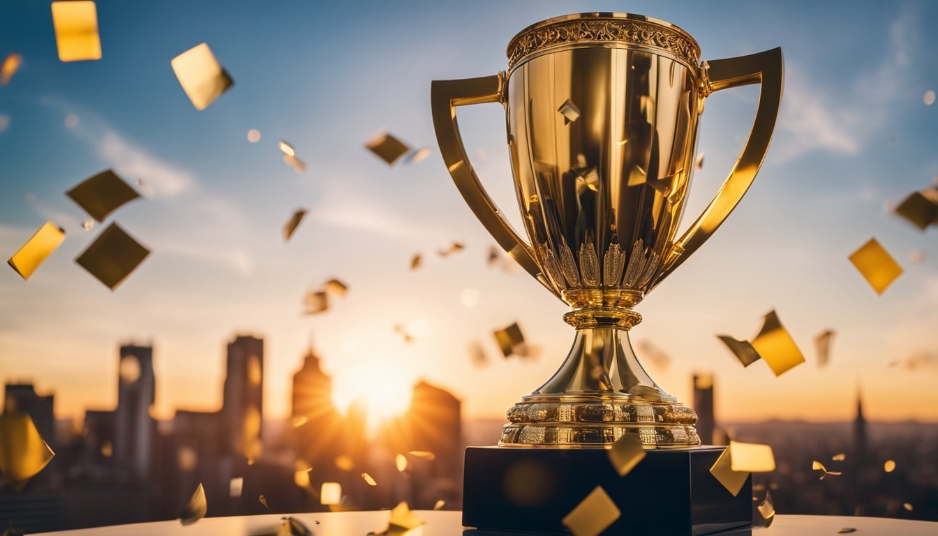 Golden trophy with confetti, city skyline, and sunset in the background