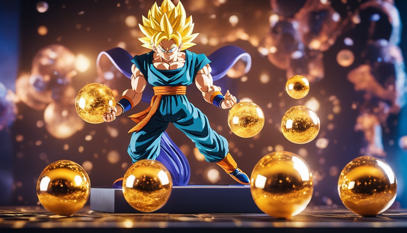 Goku with golden hair and Dragon Balls in a dynamic pose