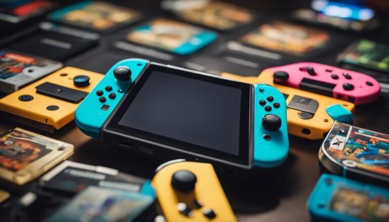 Nintendo Switch console with blue controllers and game cartridges