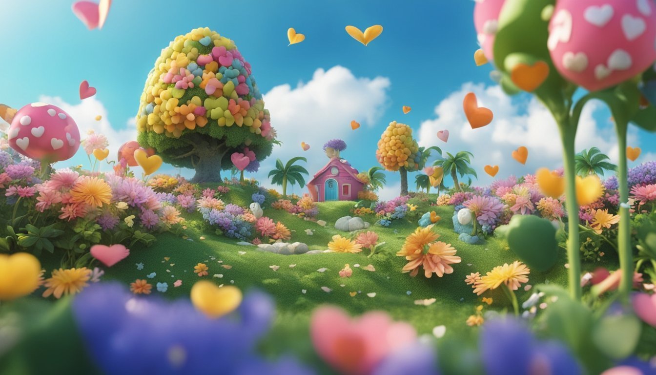 Whimsical landscape with heart-shaped trees, flowers, and a pink house under a blue sky