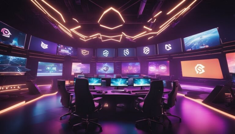 Futuristic control room with multiple screens, computers, and glowing lights