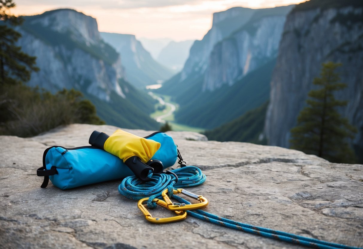 A climber's chalk bag, carabiners, and ropes lay on a rocky ledge overlooking a breathtaking valley with towering cliffs in the distance
