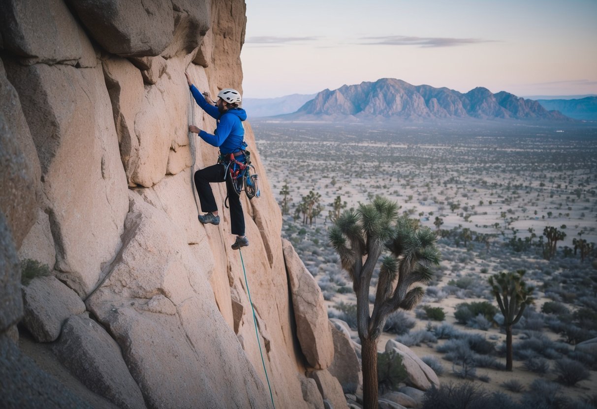 A climber scaling a sheer rock face in the rugged wilderness of Joshua Tree National Park, with the iconic desert landscape stretching out below