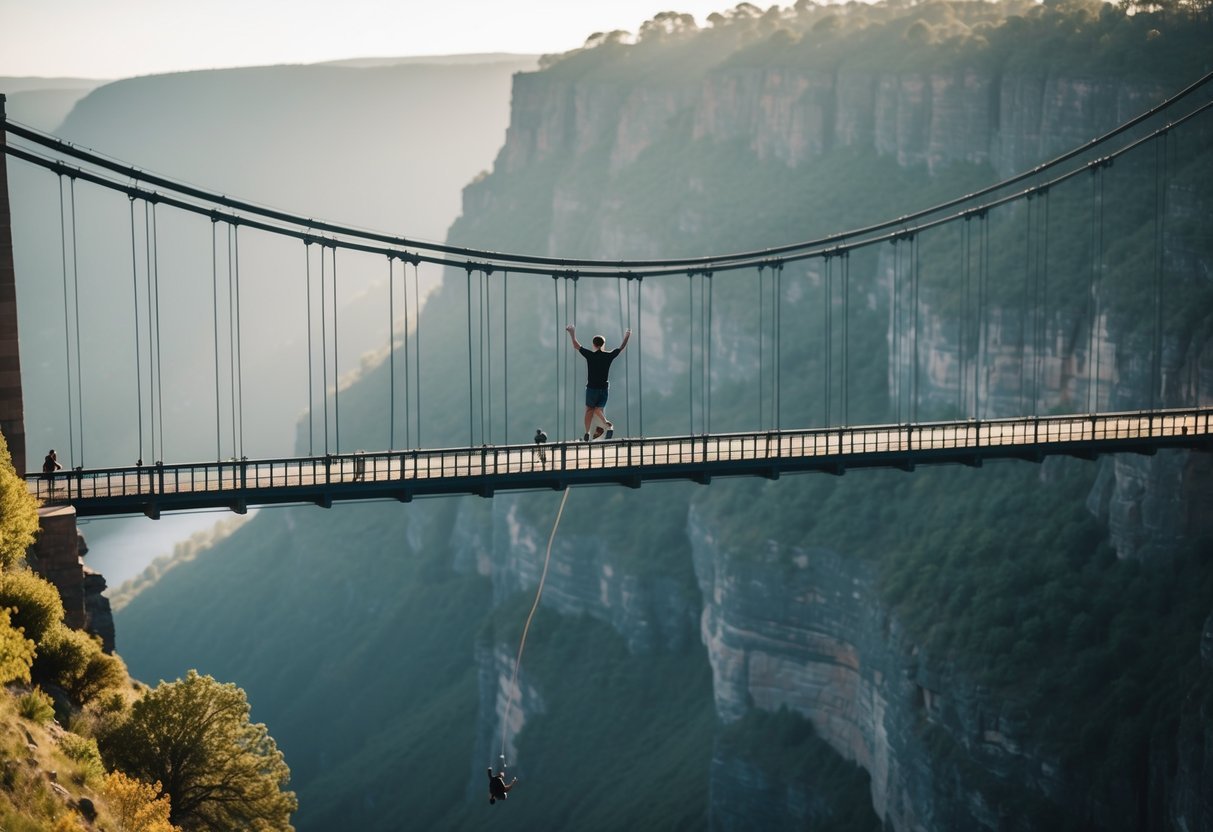 A person standing on the edge of the Royal Gorge Bridge, preparing to bungee jump into the deep canyon below