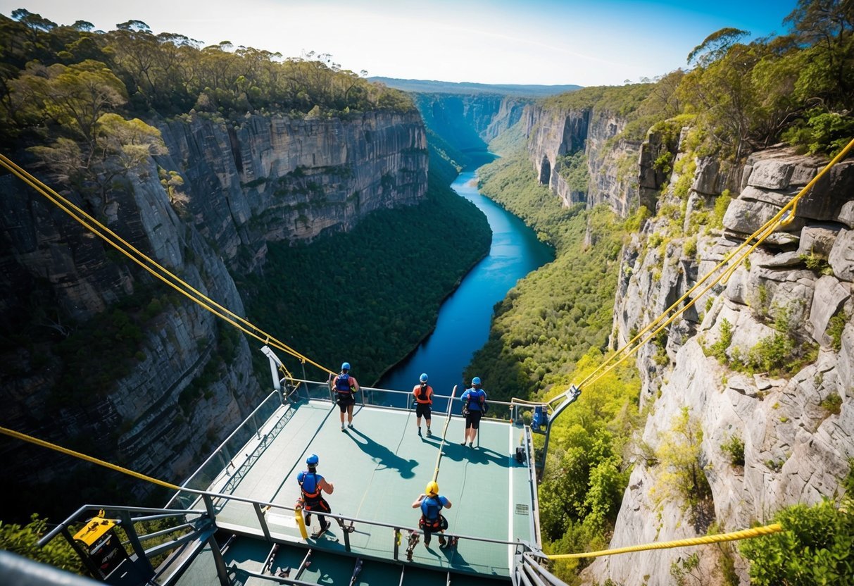 A bungee jumping platform suspended over a deep canyon, surrounded by lush greenery and a clear blue sky.</p><p>The safety equipment and harnesses are prominently displayed, and the jumpers are preparing for their thrilling experience