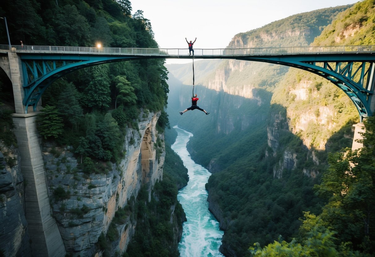 A bungee jumper leaping from a towering bridge into a deep canyon, surrounded by lush greenery and a rushing river below