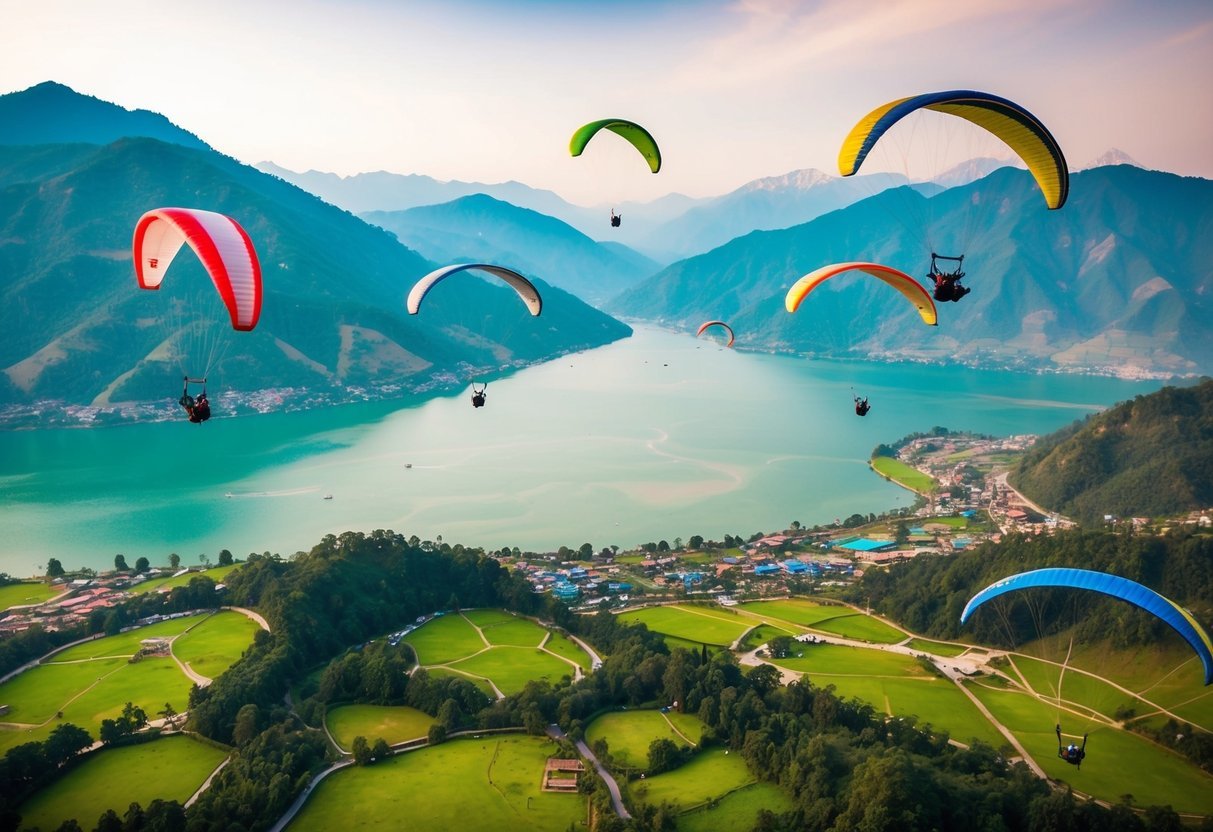 Aerial view of Pokhara, Nepal with 7 distinct paragliding spots surrounded by lush green hills and a serene lake