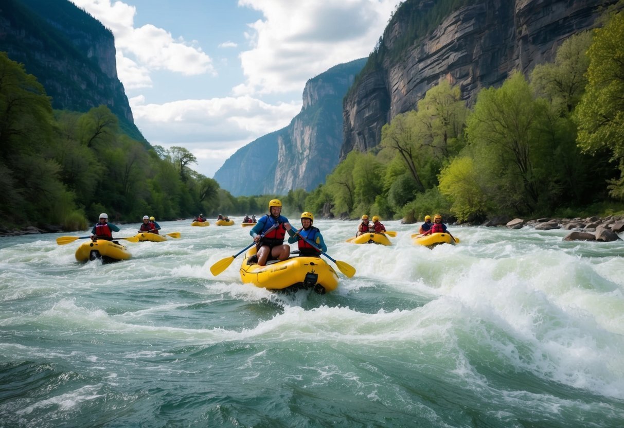 A group of rafts navigating through turbulent rapids, surrounded by towering cliffs and lush greenery along a powerful river in North America