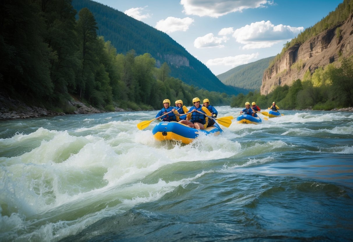 A group of rafters navigates through rushing white-water rapids in a scenic North American river gorge