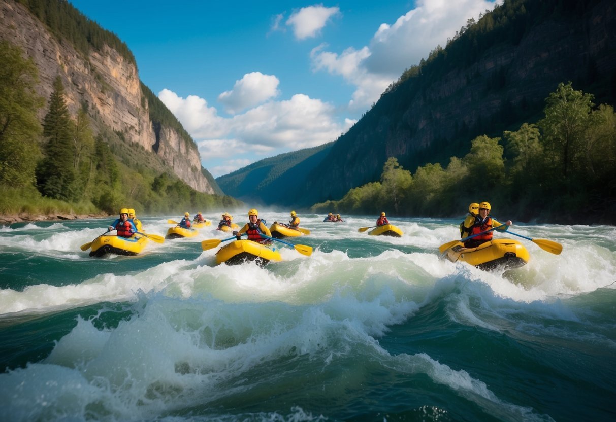A group of rafts navigating through turbulent waters of a wide river, surrounded by steep cliffs and lush forests