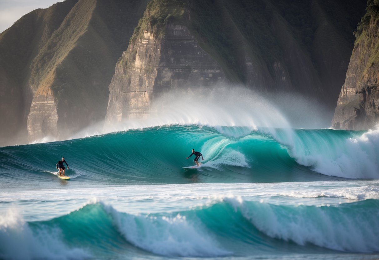 The waves crash against the rugged cliffs of Uluwatu, Bali, as surfers carve through the turquoise waters at one of the world's best surf spots