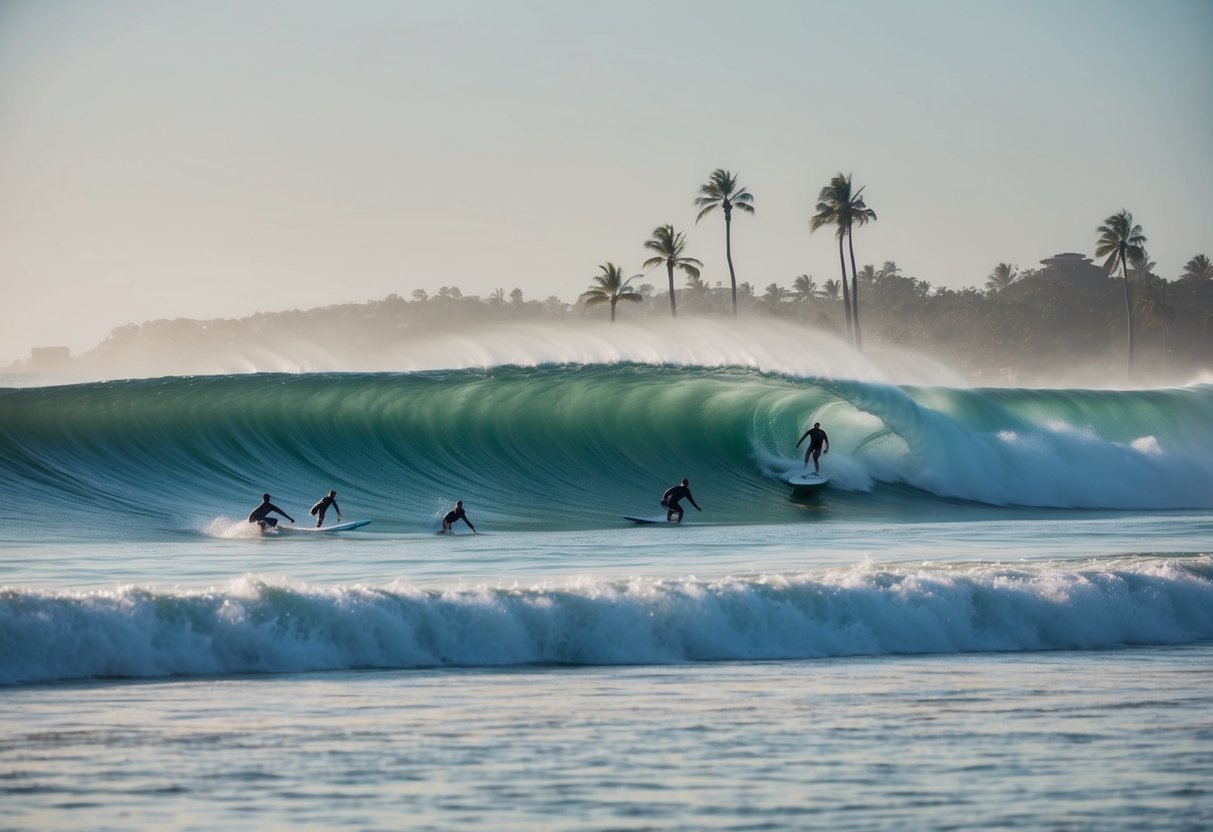 A serene beach with rolling waves, palm trees, and surfers catching the perfect wave