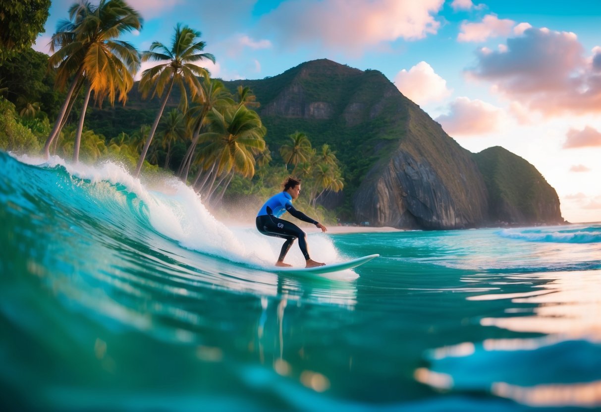 A surfer catching a wave at a tropical beach with palm trees and clear blue water, surrounded by rocky cliffs and a vibrant sunset in the background