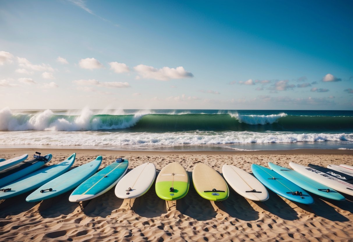 A lineup of surfboards on a sandy beach, with waves crashing in the background and a clear blue sky overhead