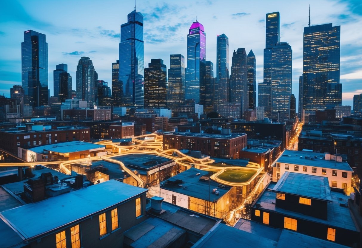 Urban skyline with skyscrapers and neon lights, interconnected by a web of rooftops and alleyways, creating an intricate playground for parkour enthusiasts