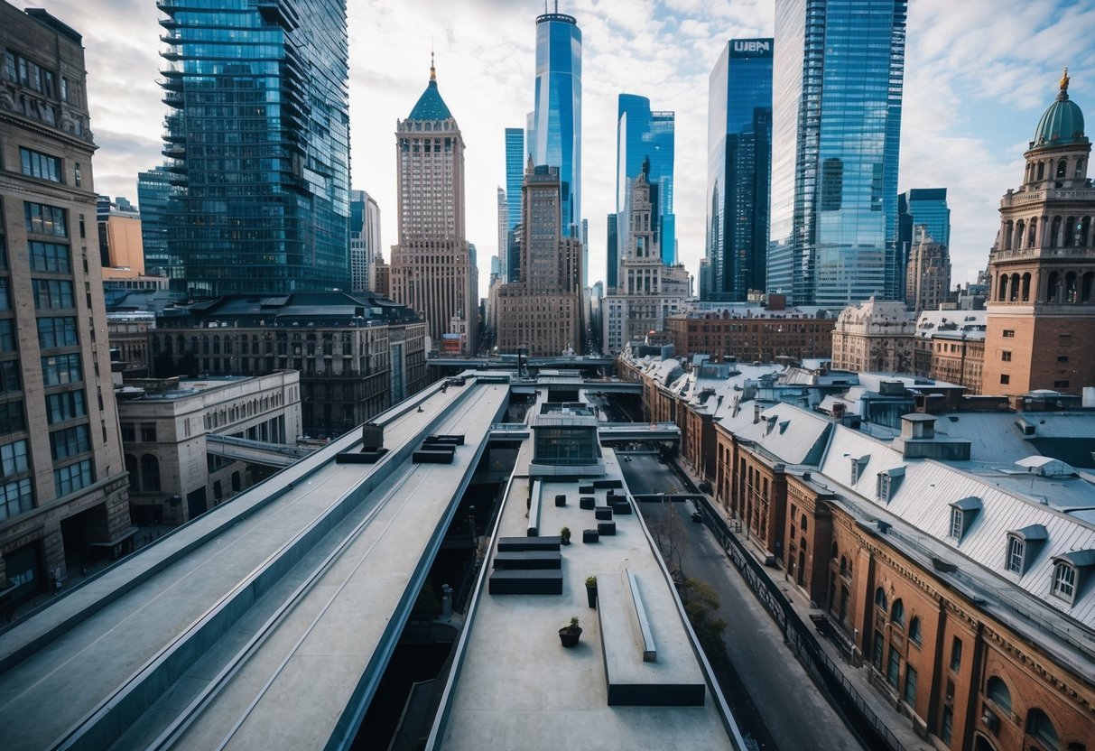 Urban landscape with skyscrapers and rooftops, interconnected by bridges and alleys.</p><p>A mix of modern and historic architecture, with parkour obstacles scattered throughout