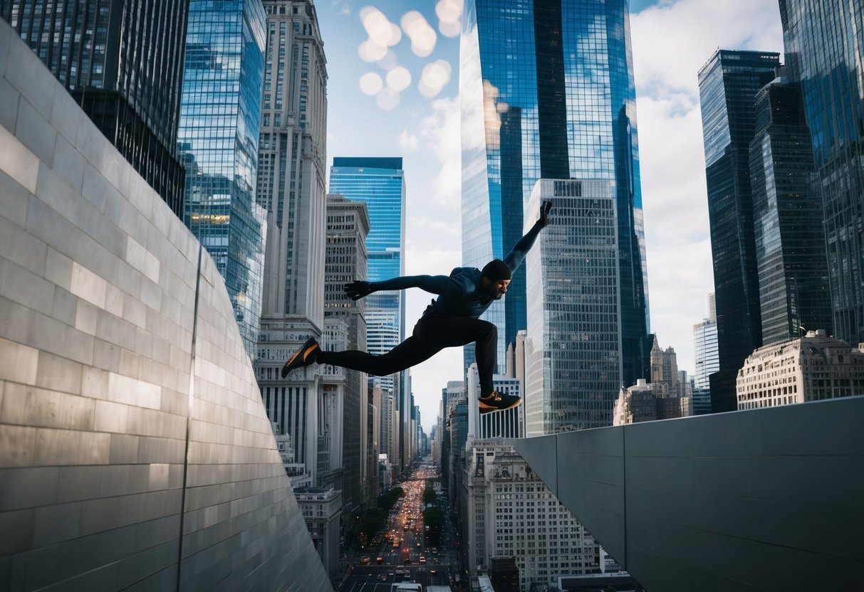 A figure vaults over urban obstacles, leaping between skyscrapers and scaling walls in a bustling cityscape