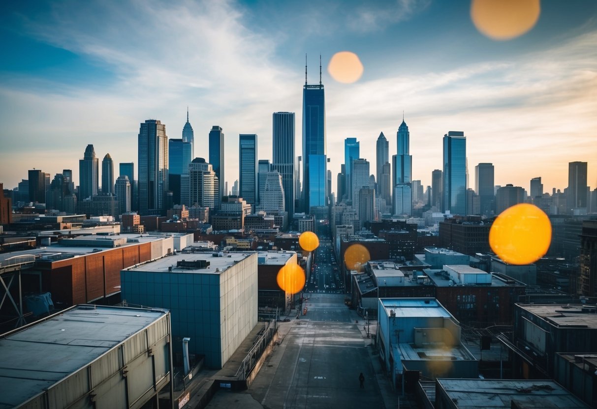 A city skyline with various urban structures and obstacles, showcasing potential parkour locations