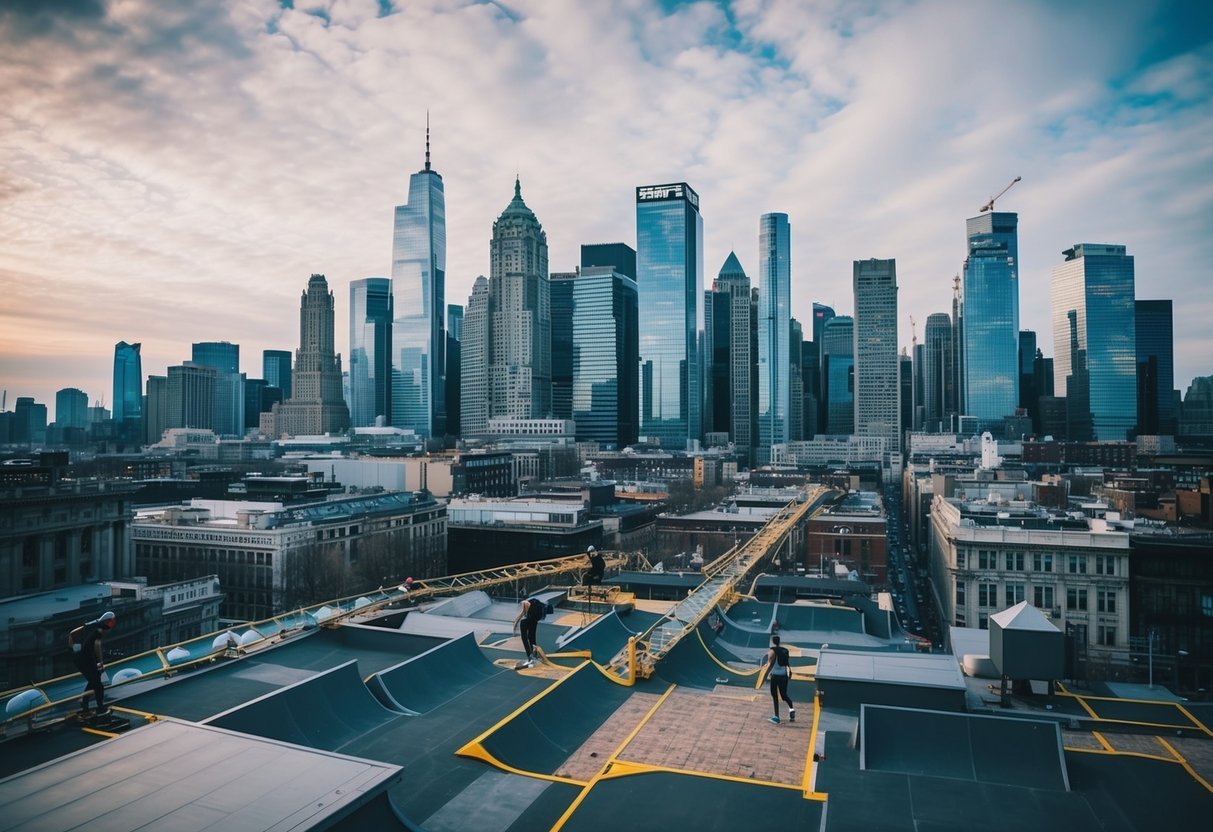 A bustling city skyline with urban architecture and rooftops, interconnected with challenging parkour routes and obstacles